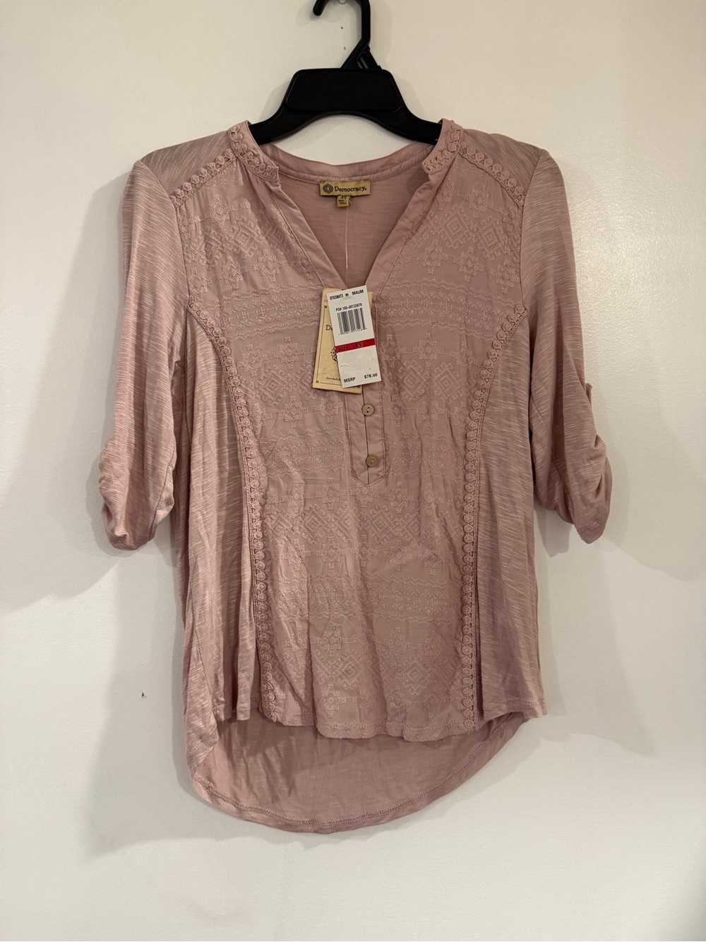 Democracy Dusty Rose Lace-Detail Henley Blouse